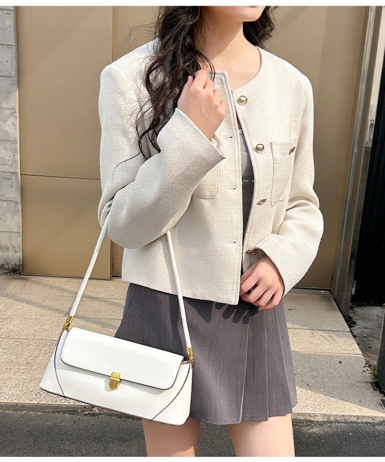 Danoz Fashion - Beige Elegant Vintage Baguette Shoulder Bag - Chic PU Leather Underarm Purse with Gold Clasp - danozdirect
