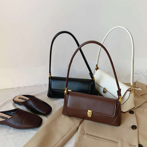 Danoz Fashion - Beige Elegant Vintage Baguette Shoulder Bag - Chic PU Leather Underarm Purse with Gold Clasp - danozdirect