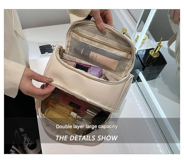 Danoz Fashion - Beige Large Capacity Double Layer PU Leather Makeup Bag - Portable Travel Cosmetic Organizer Case - danozdirect