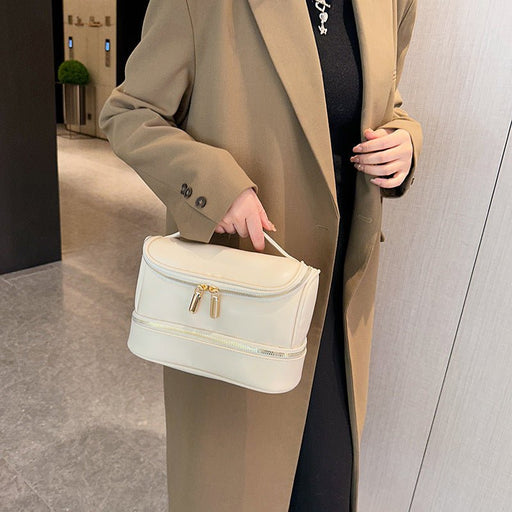 Danoz Fashion - Beige Large Capacity Double Layer PU Leather Makeup Bag - Portable Travel Cosmetic Organizer Case - danozdirect