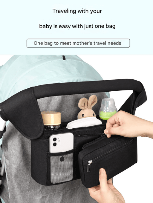 Danoz Fashion - Black and Gray Stitching Universal Stroller Organiser Caddy with Insulated Cup Holders and Detachable Wristlet - danozdirect