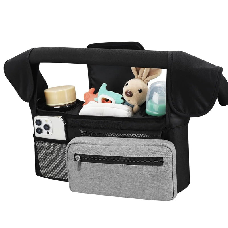 Danoz Fashion - Black and Gray Stitching Universal Stroller Organiser Caddy with Insulated Cup Holders and Detachable Wristlet - danozdirect