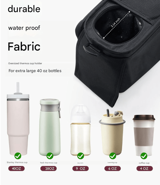 Danoz Fashion - Black and Pink Stitching Universal Stroller Organiser Caddy with Insulated Cup Holders and Detachable Wristlet - danozdirect