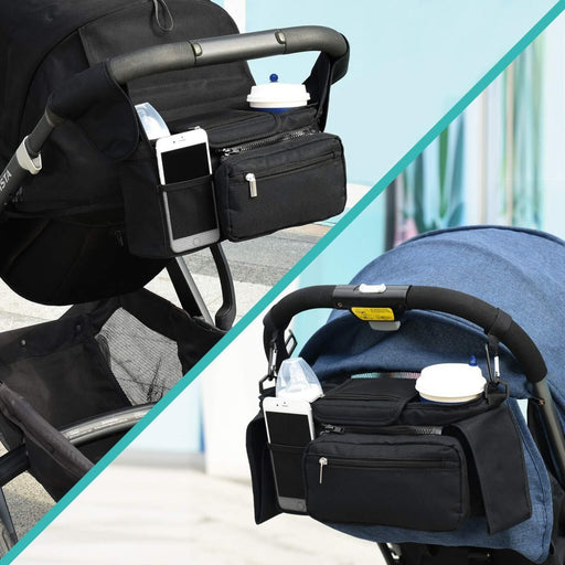Danoz Fashion - Black and Pink Stitching Universal Stroller Organiser Caddy with Insulated Cup Holders and Detachable Wristlet - danozdirect
