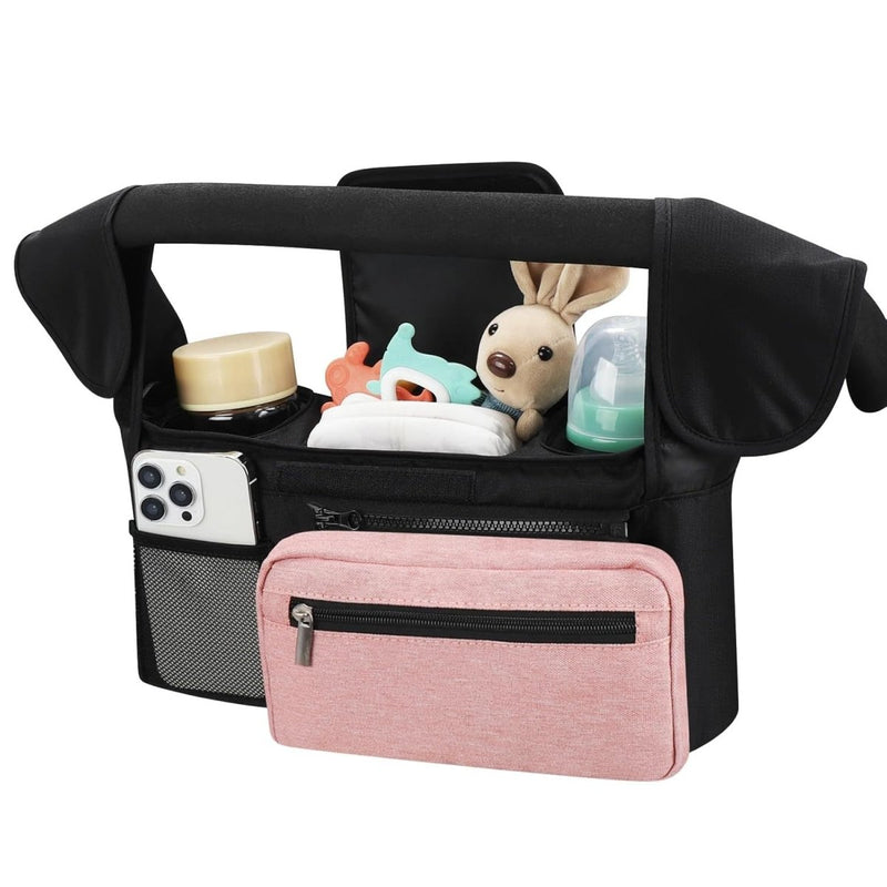 Danoz Fashion - Black and Pink Stitching Universal Stroller Organiser Caddy with Insulated Cup Holders and Detachable Wristlet - danozdirect