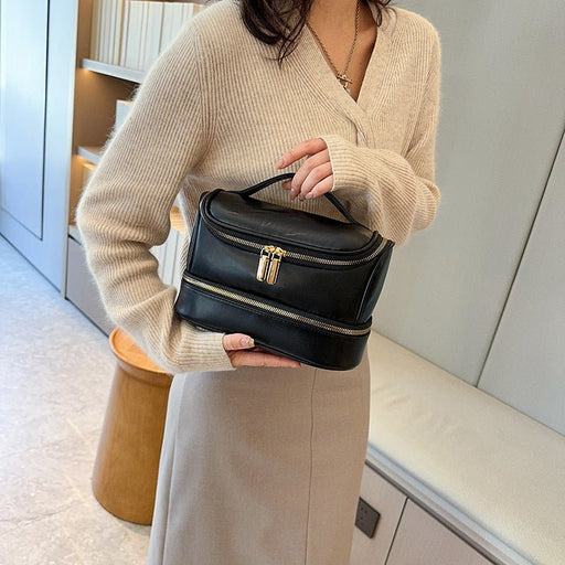 Danoz Fashion - Black Large Capacity Double Layer PU Leather Makeup Bag - Portable Travel Cosmetic Organizer Case - danozdirect