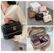 Danoz Fashion - Black Large Capacity Double Layer PU Leather Makeup Bag - Portable Travel Cosmetic Organizer Case - danozdirect