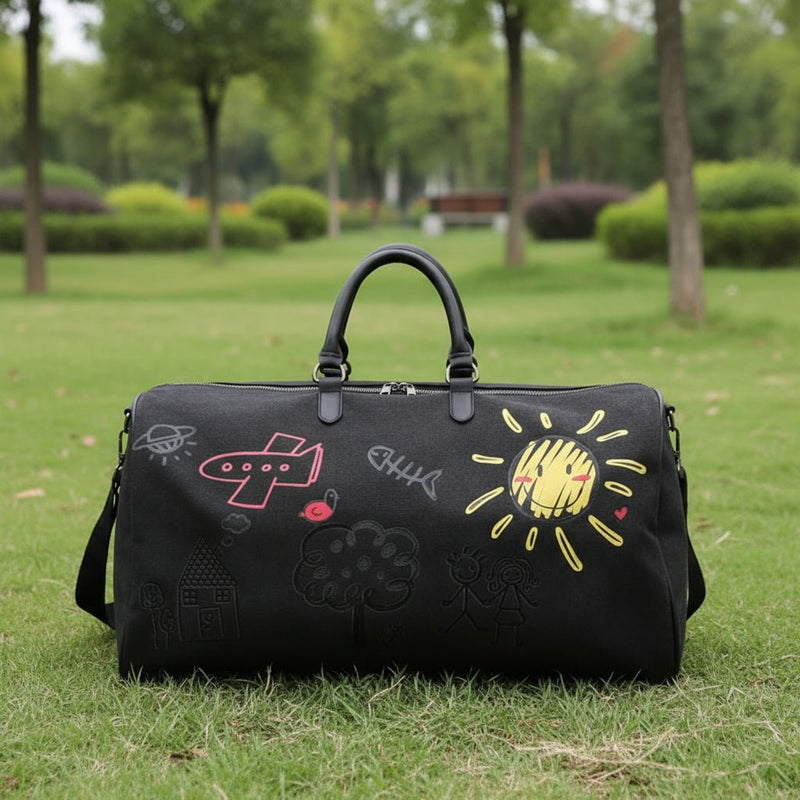 Danoz Fashion - Black Large Capacity Graffiti Travel Duffel Bag - Canvas Weekender with Wet/Dry Pocket & Shoe Compartment - danozdirect