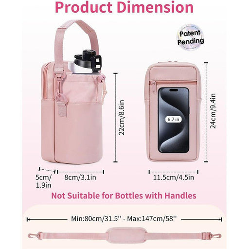 Danoz Fashion - Black Stylish Water Bottle Carrier Bag with Phone Pocket, Key Clip & Adjustable Strap - Crossbody Sling Holder - danozdirect