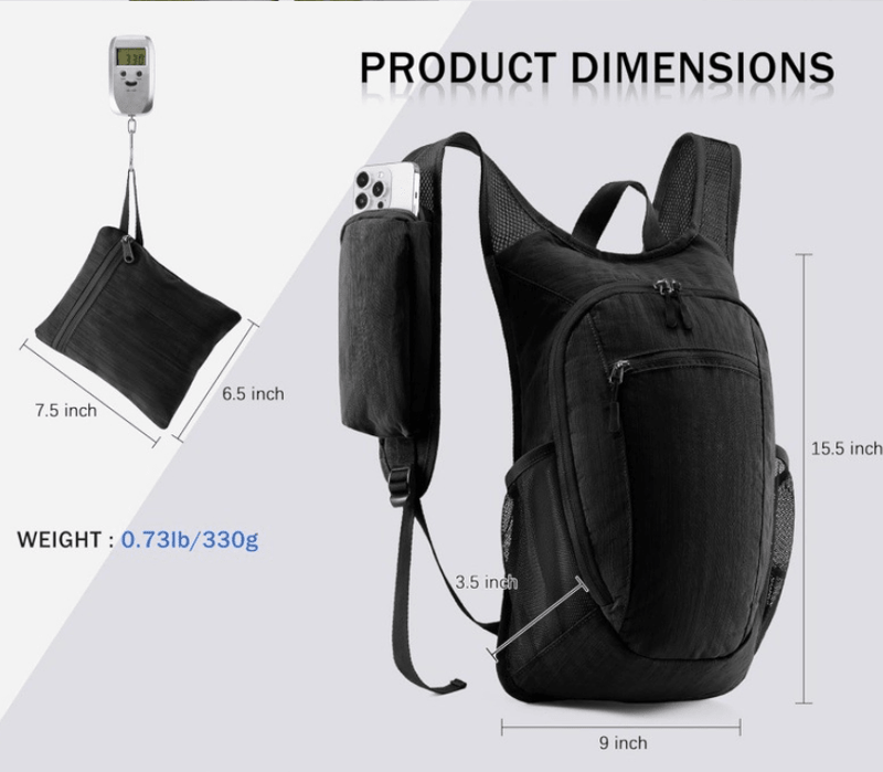 Danoz Fashion - Black Ultra - Lightweight Packable Backpack (10L) - Foldable Daypack for Travel, Hiking & Sports - danozdirect