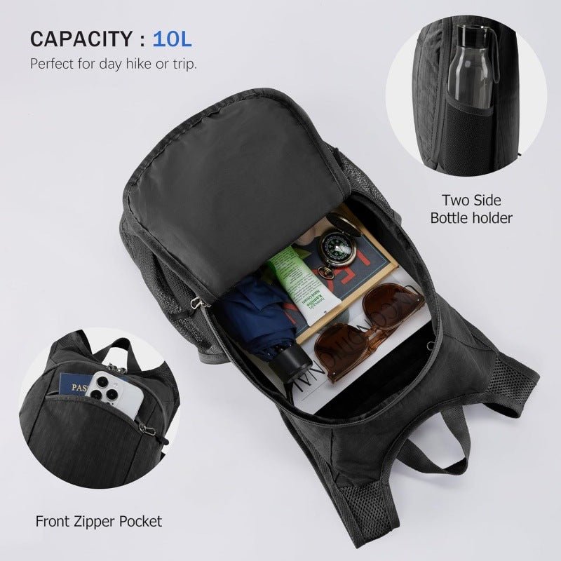 Danoz Fashion - Black Ultra - Lightweight Packable Backpack (10L) - Foldable Daypack for Travel, Hiking & Sports - danozdirect