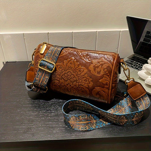 Danoz Fashion - Black Vintage Embossed Crossbody Barrel Bag with Wide Adjustable Guitar Strap - danozdirect