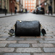 Danoz Fashion - Black Vintage Embossed Crossbody Barrel Bag with Wide Adjustable Guitar Strap - danozdirect