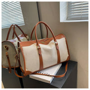 Danoz Fashion - Brown Contrast Color Women's Travel Bag - Canvas & PU Leather Trim Luggage (43x27x19cm) - danozdirect