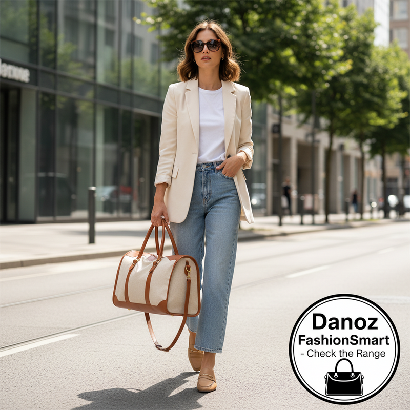 Danoz FashionSmart - Brown Contrast Color Women's Travel Bag - Canvas & PU Leather Trim Luggage (43x27x19cm)