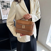 Danoz Fashion - Brown Large Capacity Double Layer PU Leather Makeup Bag - Portable Travel Cosmetic Organizer Case - danozdirect