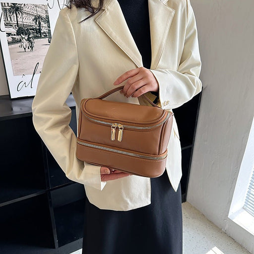 Danoz Fashion - Brown Large Capacity Double Layer PU Leather Makeup Bag - Portable Travel Cosmetic Organizer Case - danozdirect
