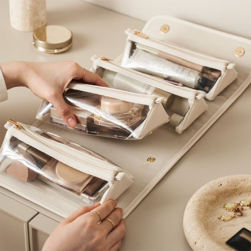 Danoz Fashion - Brown Roll - Up Travel Makeup Bag - Compact Cosmetic Organizer with Multiple Compartments - danozdirect