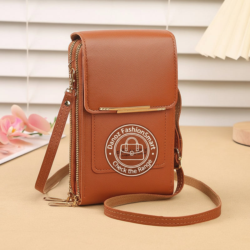 Danoz Fashion - Brown Women's Cute Mini PU Leather Crossbody Phone Bag (19x12x4cm) - Touch Screen Window, Vertical Style - danozdirect