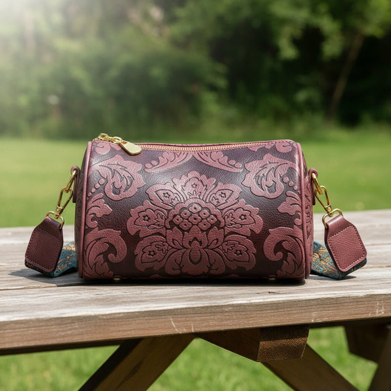 Danoz Fashion - Dark Purple Vintage Embossed Crossbody Barrel Bag with Wide Adjustable Guitar Strap - danozdirect