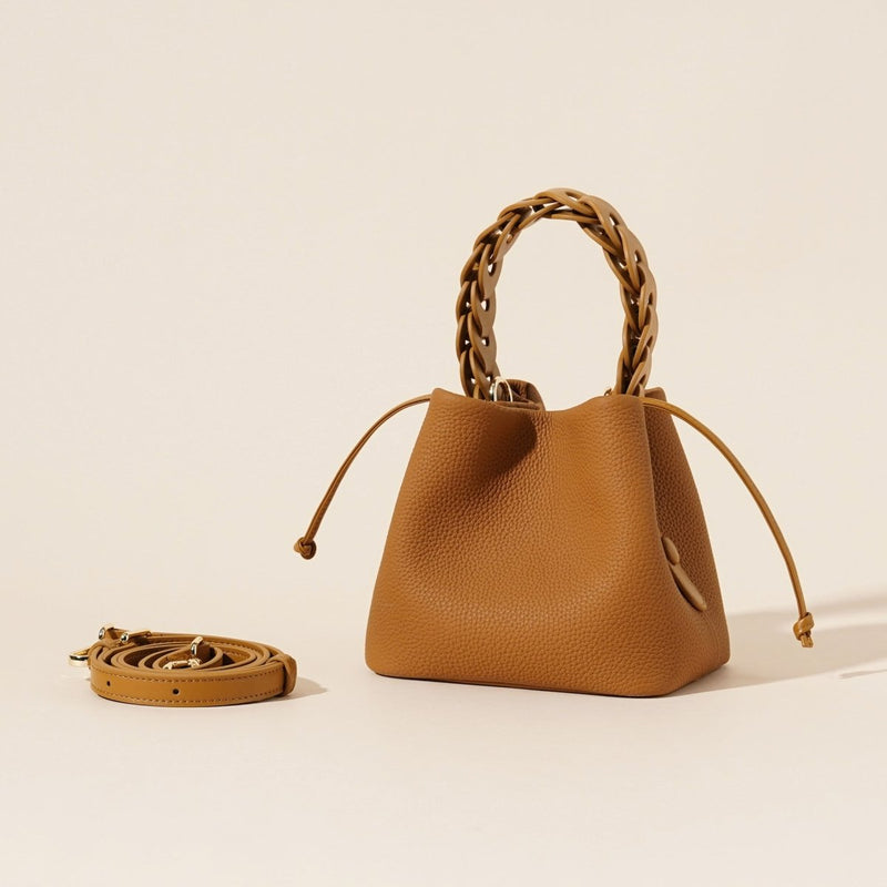 Danoz Fashion - Genuine Leather Mini Bucket Bag with Braided Handle - Chic Drawstring Crossbody Purse(Biscuit) - danozdirect