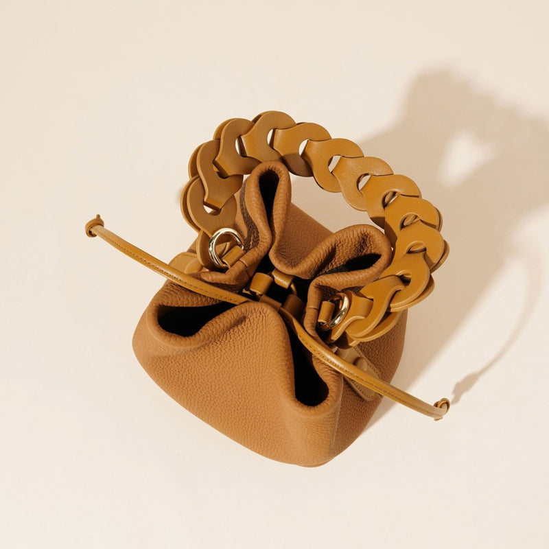 Danoz Fashion - Genuine Leather Mini Bucket Bag with Braided Handle - Chic Drawstring Crossbody Purse(Biscuit) - danozdirect