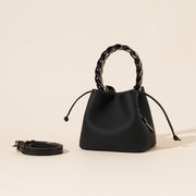 Danoz Fashion - Genuine Leather Mini Bucket Bag with Braided Handle - Chic Drawstring Crossbody Purse(Black) - danozdirect