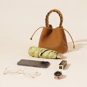 Danoz Fashion - Genuine Leather Mini Bucket Bag with Braided Handle - Chic Drawstring Crossbody Purse(Black) - danozdirect