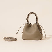 Danoz Fashion - Genuine Leather Mini Bucket Bag with Braided Handle - Chic Drawstring Crossbody Purse(Gray) - danozdirect