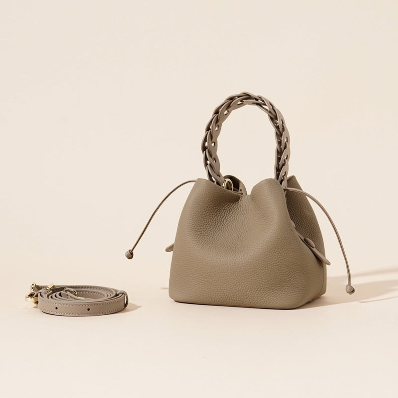 Danoz Fashion - Genuine Leather Mini Bucket Bag with Braided Handle - Chic Drawstring Crossbody Purse(Gray) - danozdirect