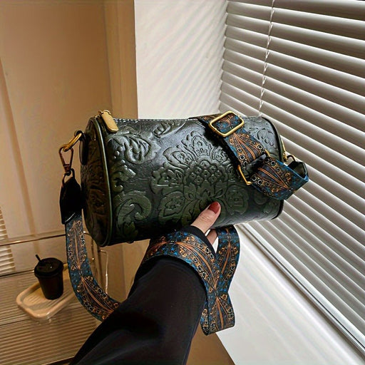Danoz Fashion - Green Vintage Embossed Crossbody Barrel Bag with Wide Adjustable Guitar Strap - danozdirect