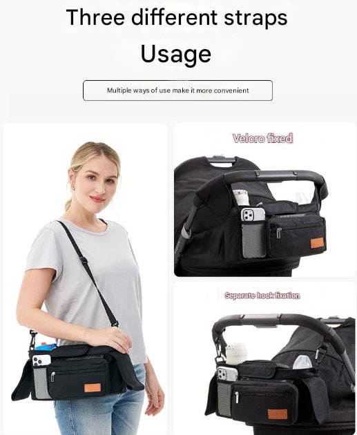 Danoz Fashion - Grey and Black Stitching Universal Stroller Organiser Caddy with Insulated Cup Holders and Detachable Wristlet - danozdirect