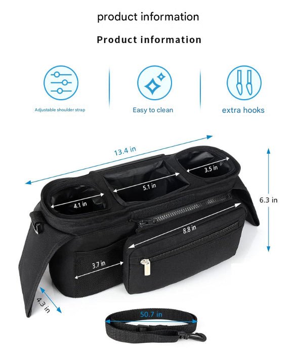 Danoz Fashion - Grey and Black Stitching Universal Stroller Organiser Caddy with Insulated Cup Holders and Detachable Wristlet - danozdirect