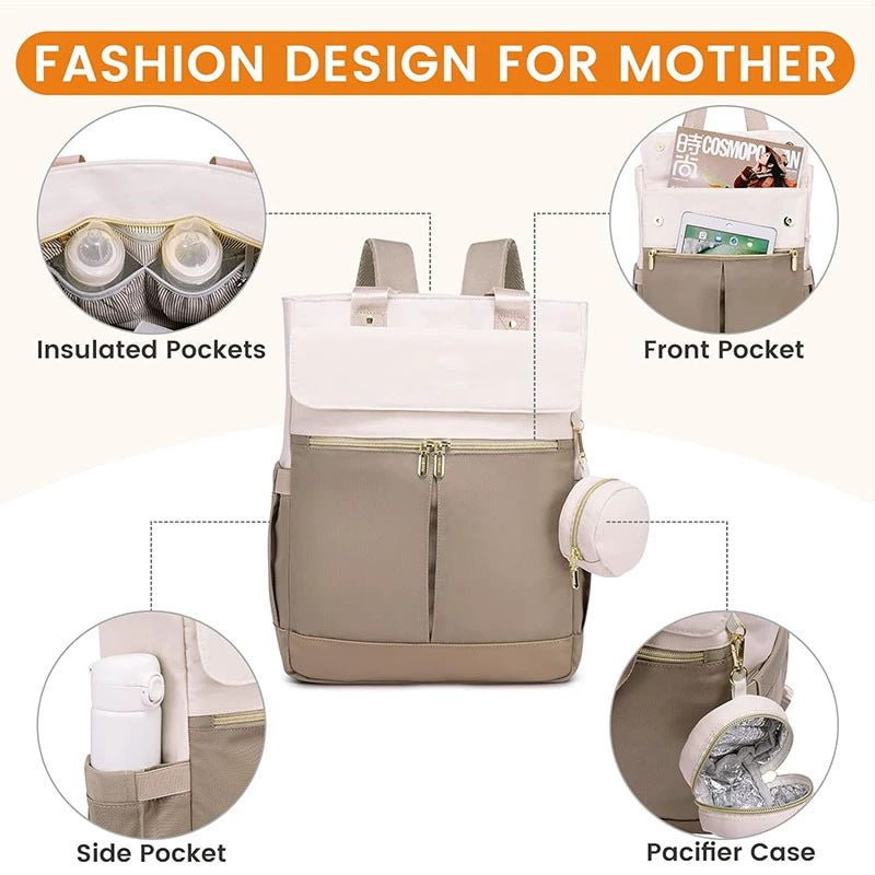 Danoz Fashion - Khaki and Beige Stylish Nappy Bag Backpack - Multi - Functional Diaper Bag with Insulated Pockets, Changing Pad & Pacifier Case - danozdirect