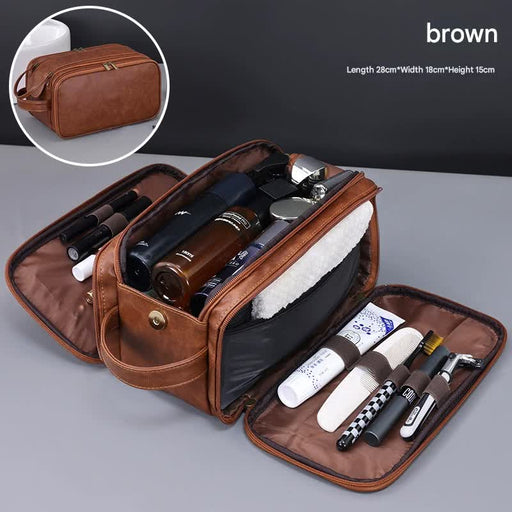 Danoz Fashion - Large Capacity PU Leather Toiletry Bag - Multi - Compartment Dopp Kit & Cosmetic Organizer(Brown) - danozdirect