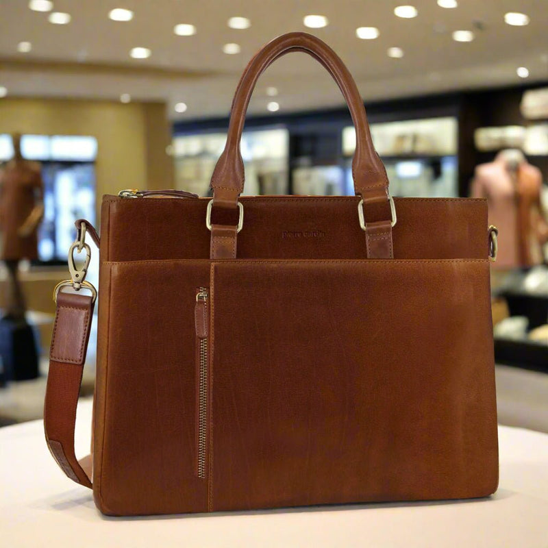 Danoz Fashion - Pierre Cardin Mens Leather Briefcase Business Bag Shoulder Laptop Tote - Tan - danozdirect
