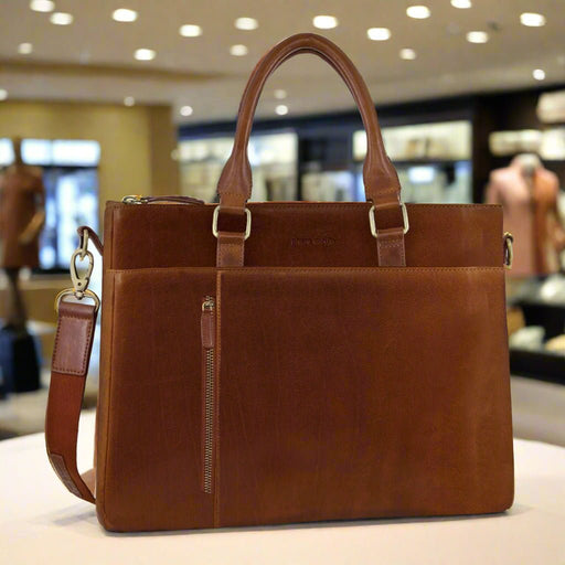 Danoz Fashion - Pierre Cardin Mens Leather Briefcase Business Bag Shoulder Laptop Tote - Tan - danozdirect