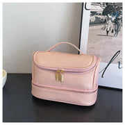 Danoz Fashion - Pink Large Capacity Double Layer PU Leather Makeup Bag - Portable Travel Cosmetic Organizer Case - danozdirect