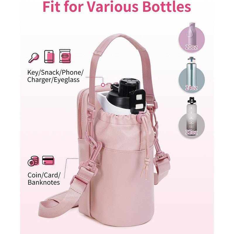 Danoz Fashion - Pink Stylish Water Bottle Carrier Bag with Phone Pocket, Key Clip & Adjustable Strap - Crossbody Sling Holder - danozdirect