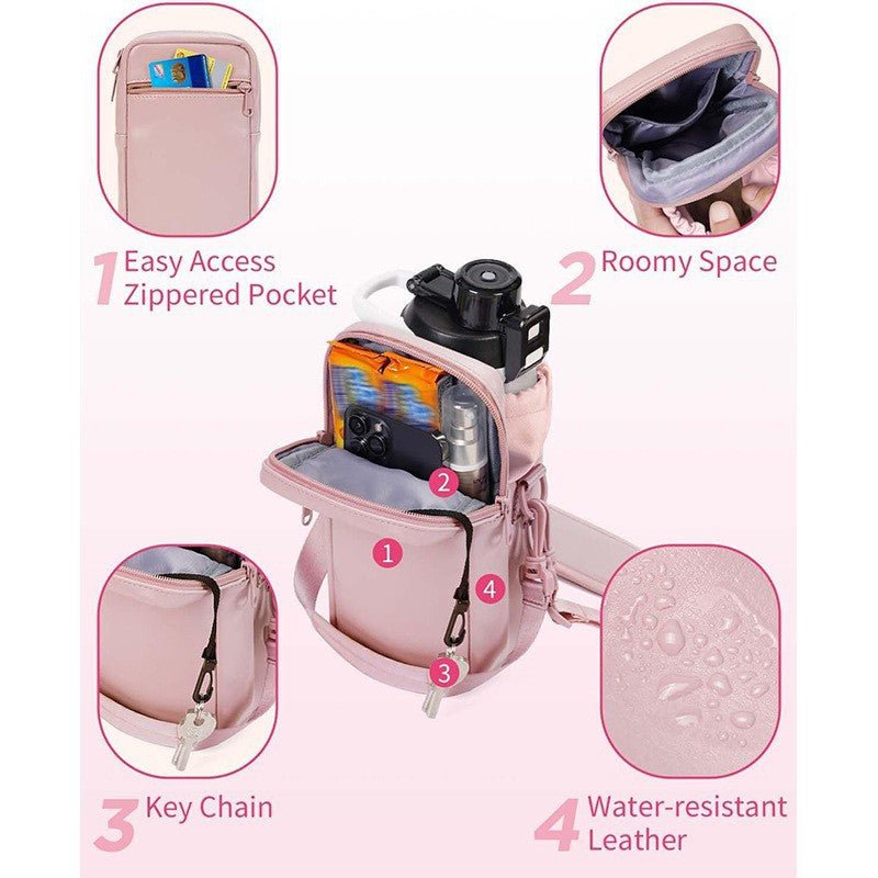 Danoz Fashion - Pink Stylish Water Bottle Carrier Bag with Phone Pocket, Key Clip & Adjustable Strap - Crossbody Sling Holder - danozdirect