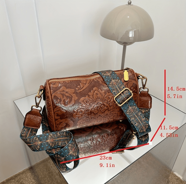 Danoz Fashion - Red Vintage Embossed Crossbody Barrel Bag with Wide Adjustable Guitar Strap - danozdirect