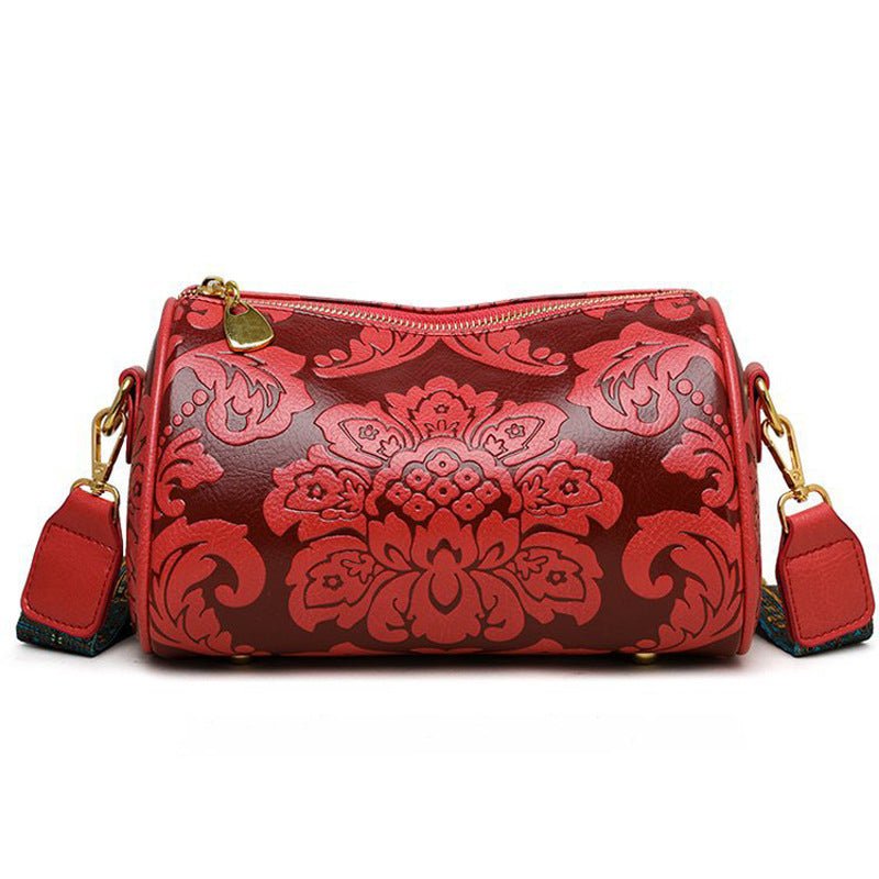 Danoz Fashion - Red Vintage Embossed Crossbody Barrel Bag with Wide Adjustable Guitar Strap - danozdirect
