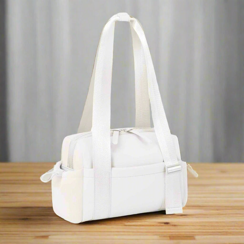 Danoz Fashion - Stylish white Mini Gym Bag & Travel Tote - Compact Duffel with Wet Pocket, Luggage Sleeve & Multiple Compartments - danozdirect