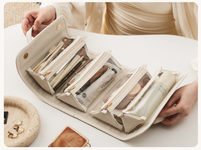 Danoz Fashion - White Roll - Up Travel Makeup Bag - Compact Cosmetic Organizer with Multiple Compartments - danozdirect