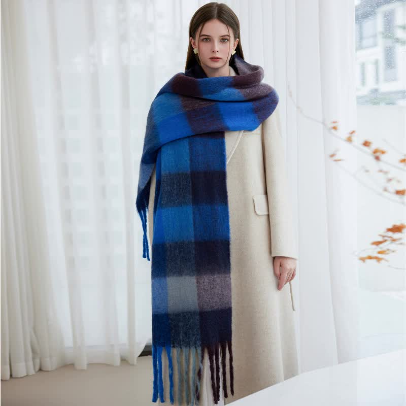 Danoz Fashion - Winter Luxe Warm Oversized Scarf - Cozy Thick Plaid Wrap, European Chic Style(Orange - yellow plaid) - danozdirect