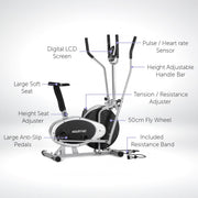 Danoz Fitness - Powertrain 3 - in - 1 Elliptical Cross Trainer Exercise Bike with Resistance Bands - danozdirect