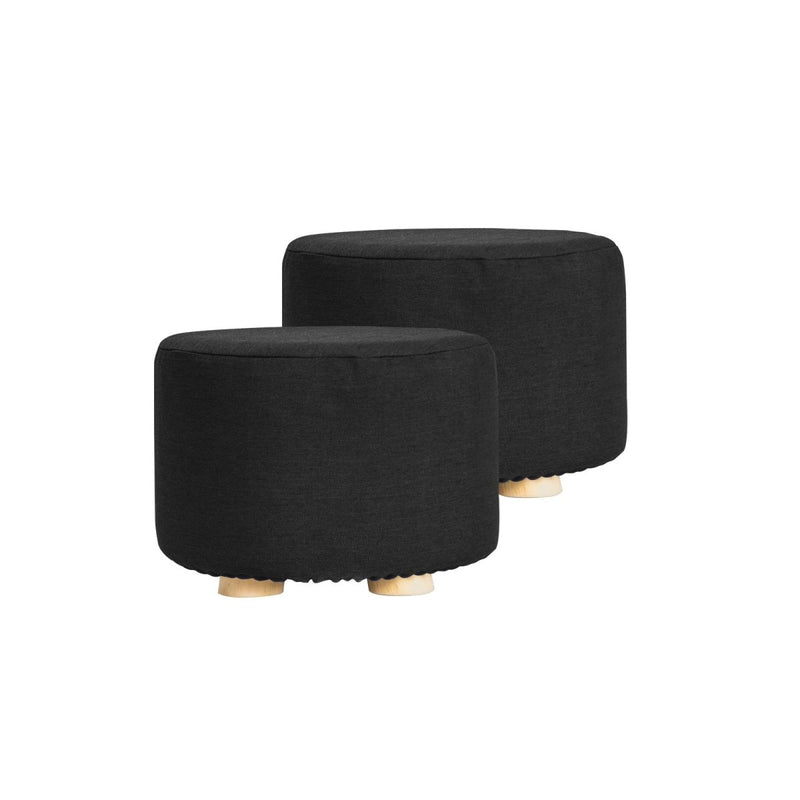 Danoz Furniture - 2X Fabric Ottoman Round Wooden Leg Foot Stool in elegant black! adds a touch of sophistication to any room - danozdirect