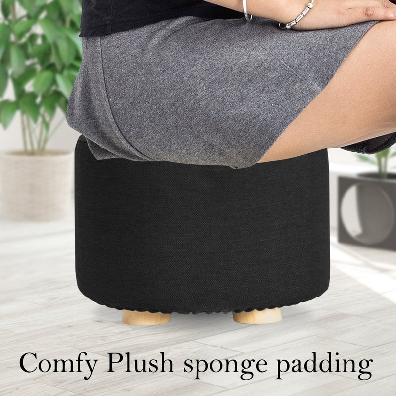 Danoz Furniture - 2X Fabric Ottoman Round Wooden Leg Foot Stool in elegant black! adds a touch of sophistication to any room - danozdirect