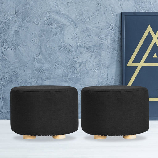 Danoz Furniture - 2X Fabric Ottoman Round Wooden Leg Foot Stool in elegant black! adds a touch of sophistication to any room - danozdirect