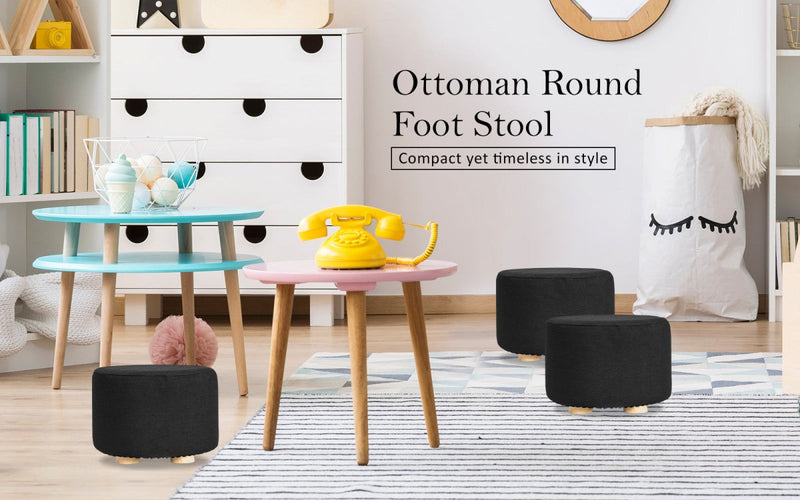 Danoz Furniture - 2X Fabric Ottoman Round Wooden Leg Foot Stool in elegant black! adds a touch of sophistication to any room - danozdirect